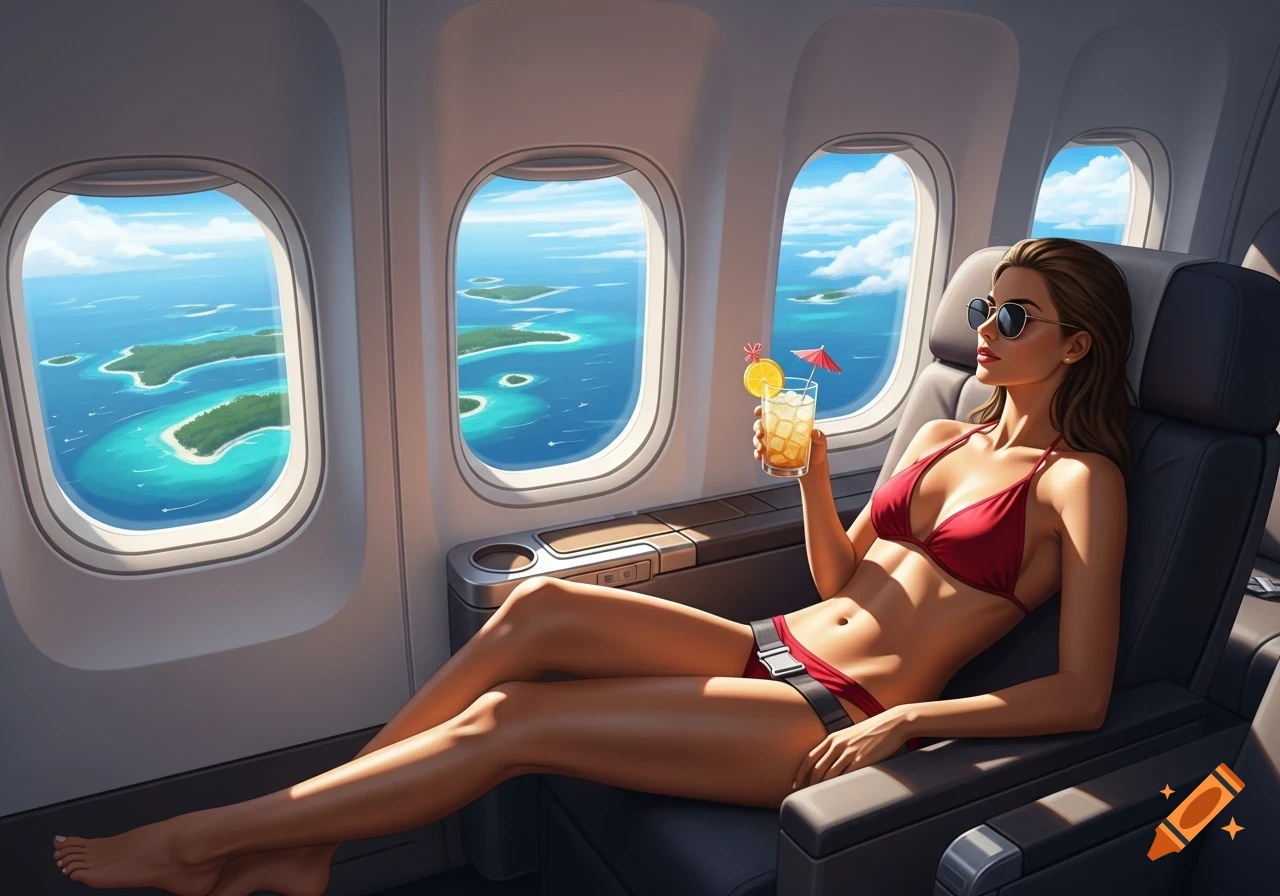 Woman in red bikini and sunglasses sips a drink on an airplane, looking at tropical islands from the window.