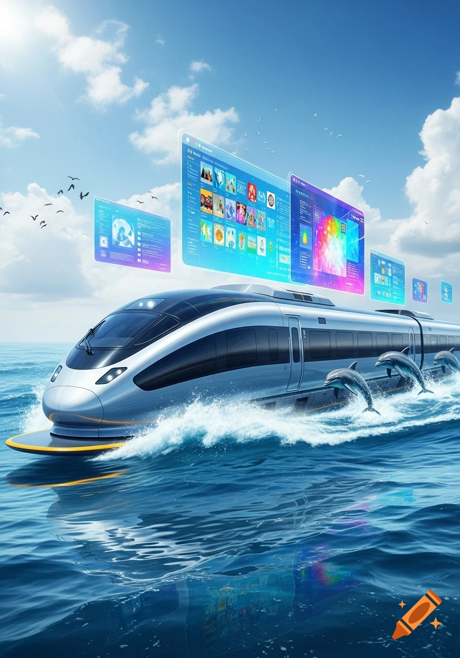 A futuristic silver bullet train speeds across a blue ocean, creating ...