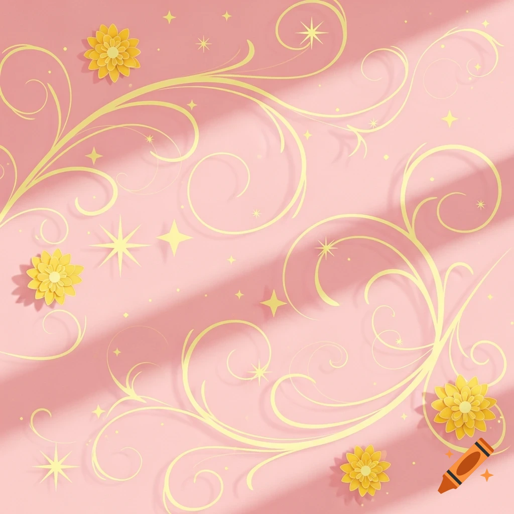 Pastel pink background with whimsical light yellow swirling vines, stars, and layered paper-cut style yellow flowers, with soft shadows.