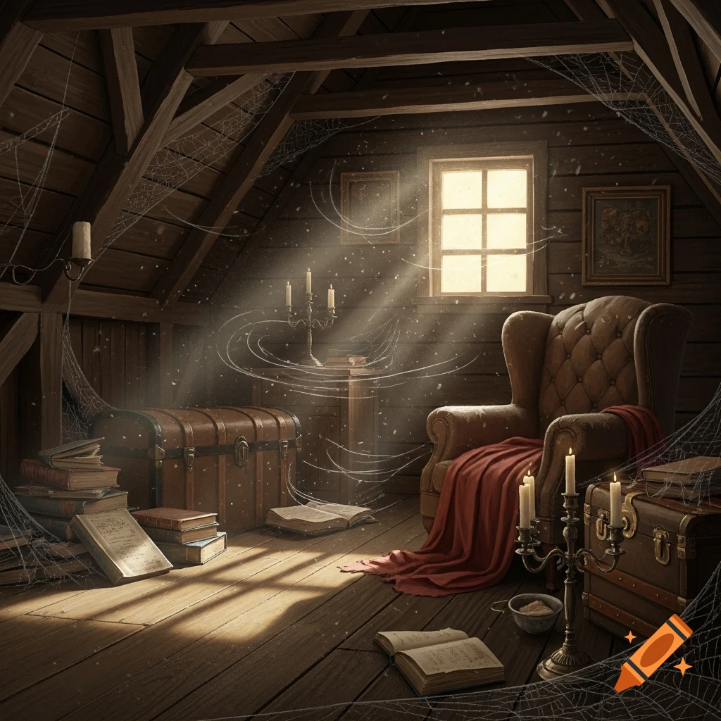 Sunlit, dusty attic with an old armchair, antique trunks, books, candles, and cobwebs. Light streams through a window.