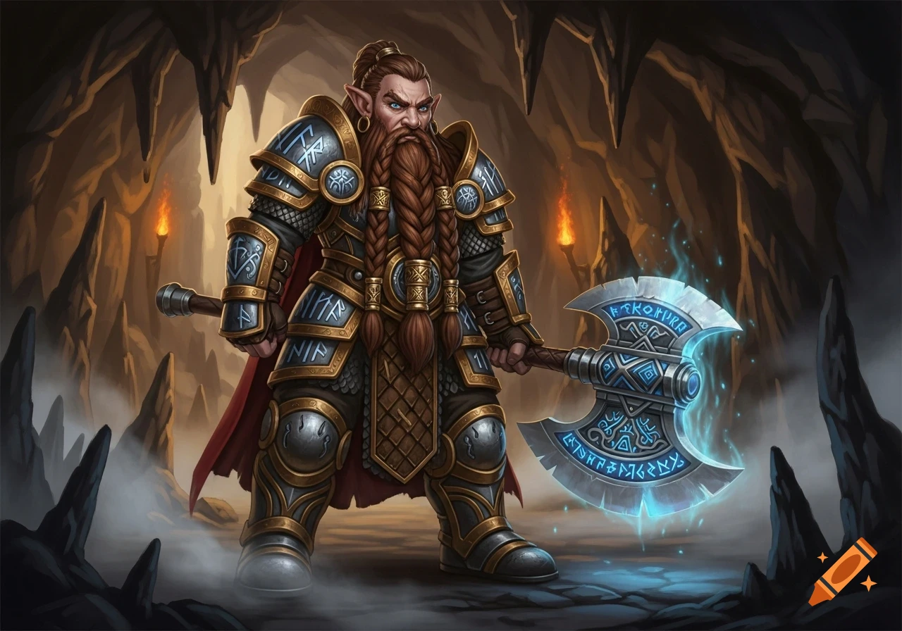 A fierce dwarf warrior in ornate armor, with a long braided beard, holding a glowing runic axe in a cavern.