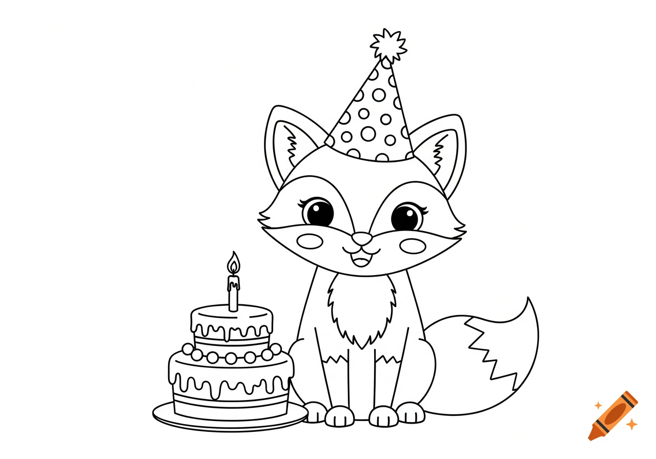 Cute fox wearing a party hat next to a two-tier birthday cake with a lit candle, black and white coloring page.