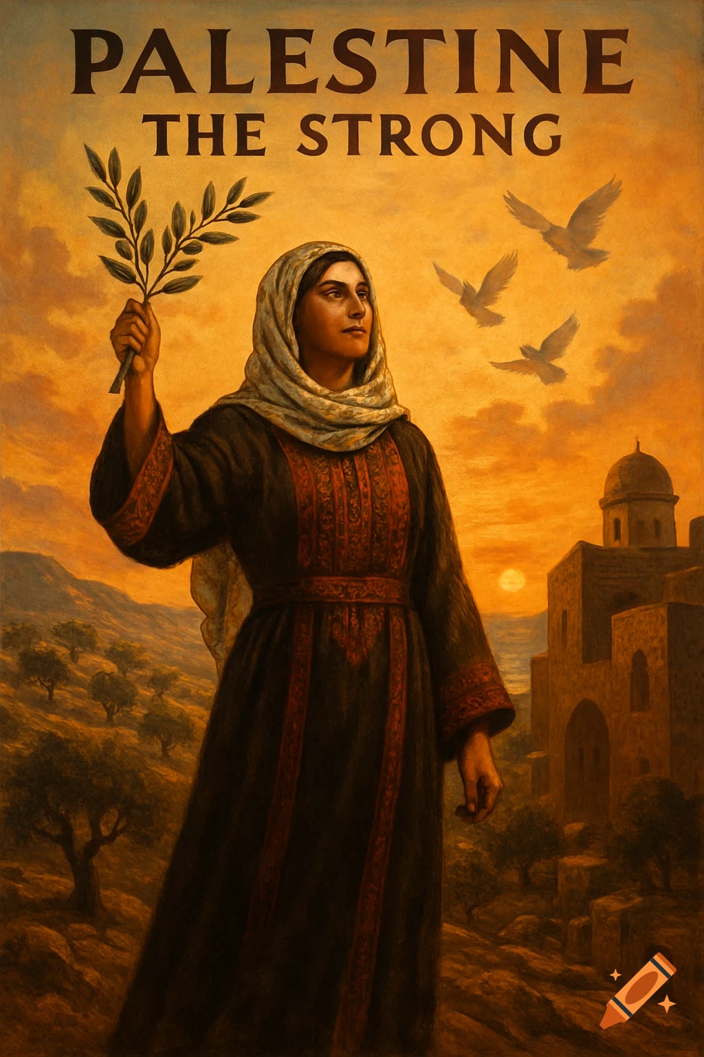 Painting of a woman in traditional Palestinian dress holding an olive branch, with doves and a sunset landscape. Text: PALESTINE THE STRONG.