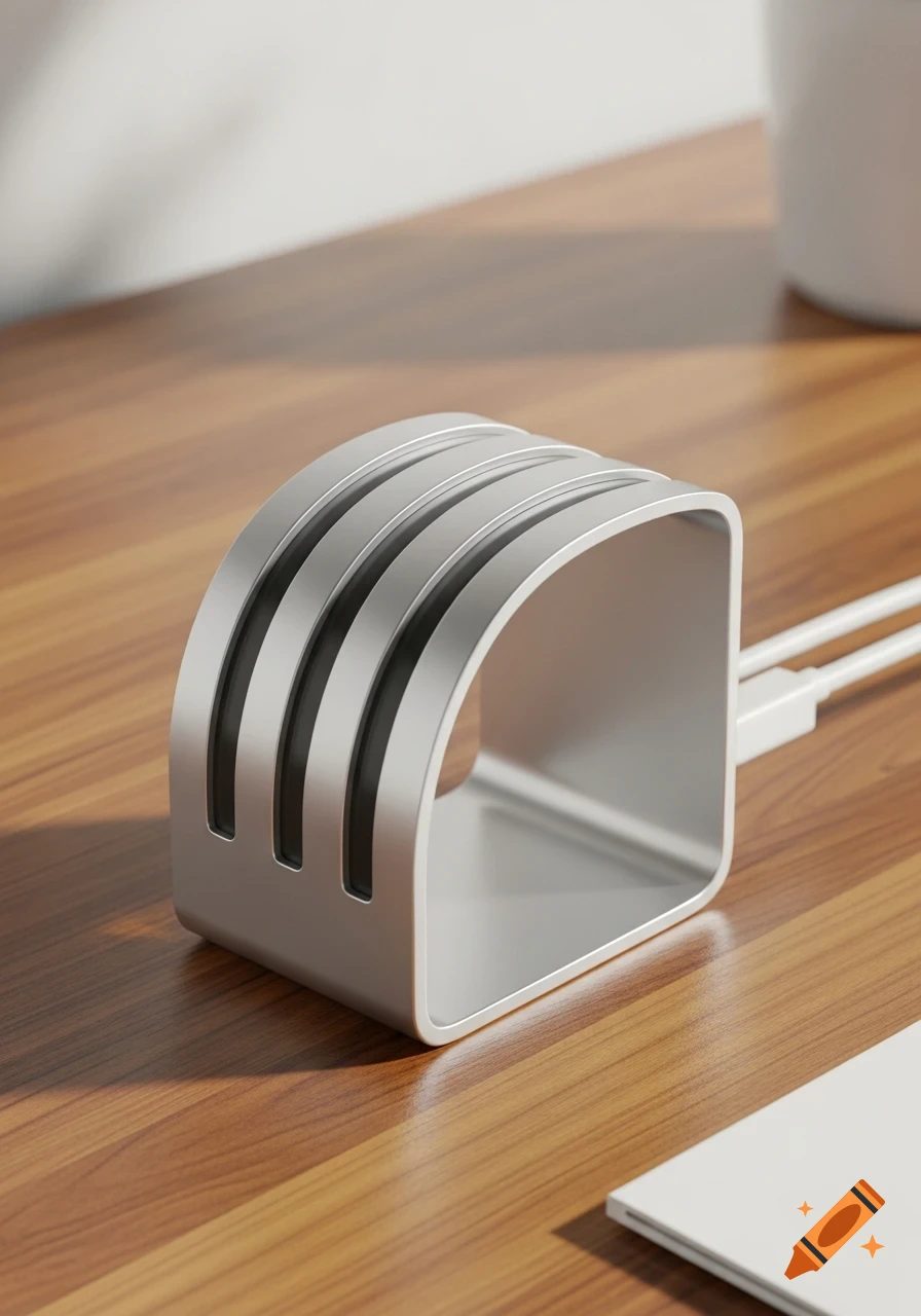 A silver, minimalist cable holder with three slots rests on a wooden desk.