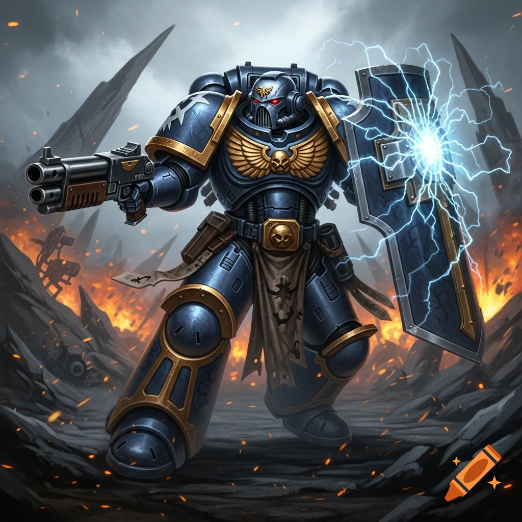 Heavily armored Space Marine in blue and gold armor, holding a shotgun and a glowing power shield, stands in fiery ruins.