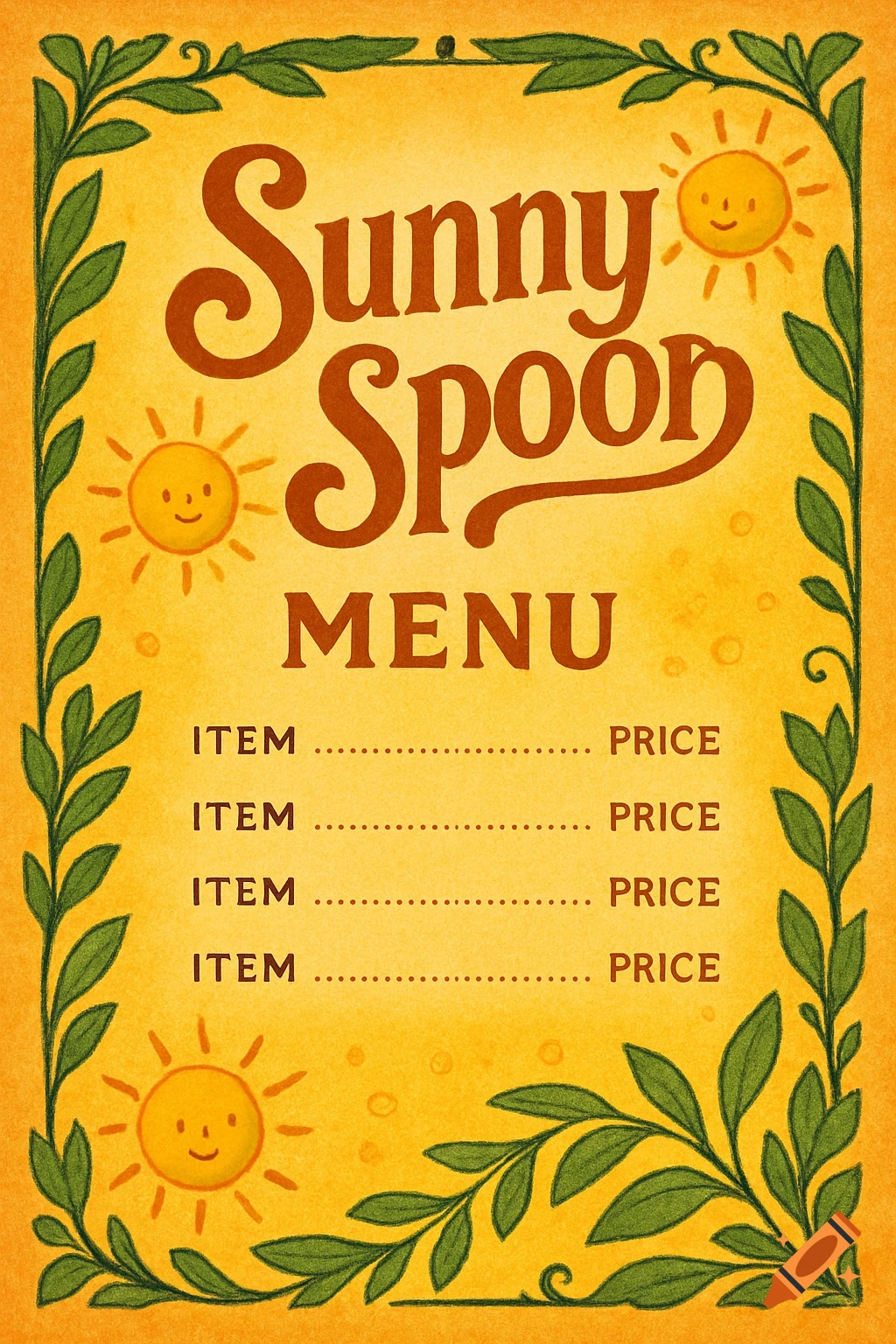 Illustrated yellow menu cover for 'Sunny Spoon' with green leaves, smiling suns, and 'ITEM PRICE' placeholders.