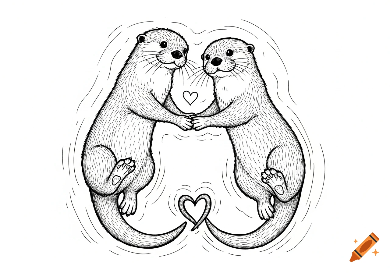 Two black and white line art otters holding hands while floating, their tails forming a heart. A small heart is also between them.