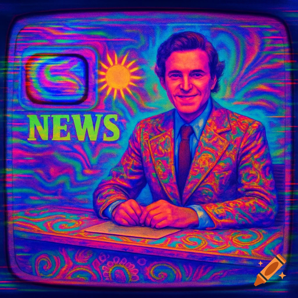A smiling news anchor in a psychedelic, patterned suit on a 1970s TV screen with "NEWS" text and visual glitches.