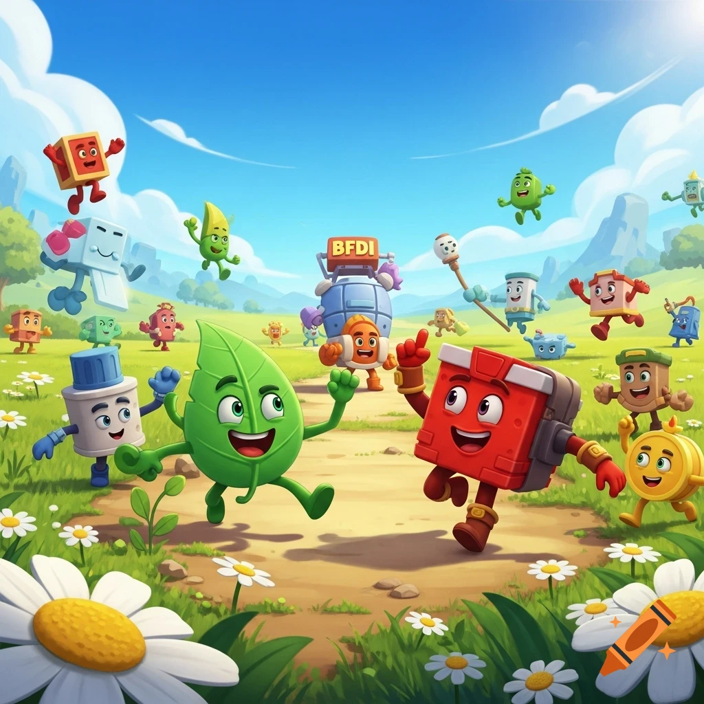 Lively outdoor scene with many cartoon object characters, including a green leaf and a red box, running on a path.