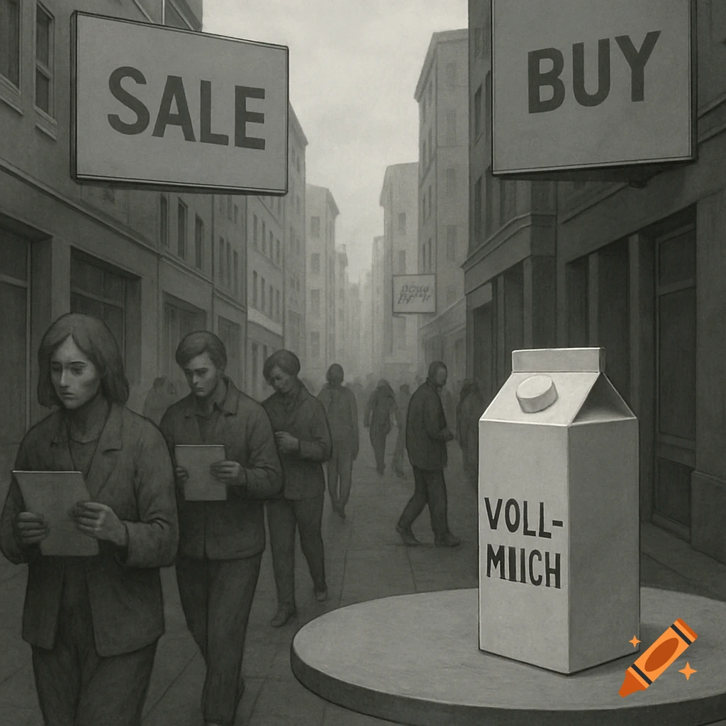 A monochromatic street scene with people holding papers, under signs reading "SALE" and "BUY." A milk carton labeled "VOLL-MILCH" sits on a table in the foreground.