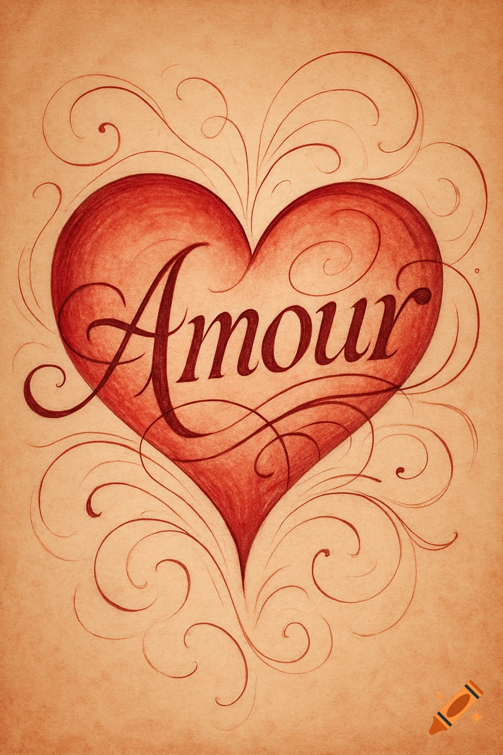 Red heart illustration with 'Amour' in script, surrounded by swirls on a textured, vintage paper background.