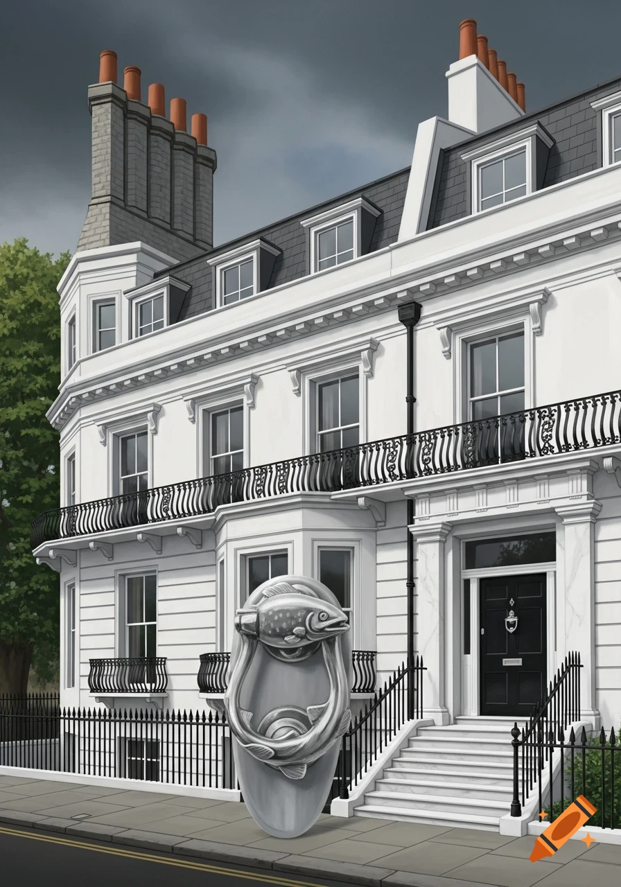 A grand white house on a London street with a prominent silver fish-shaped door knocker, black ironwork, and a grey sky.