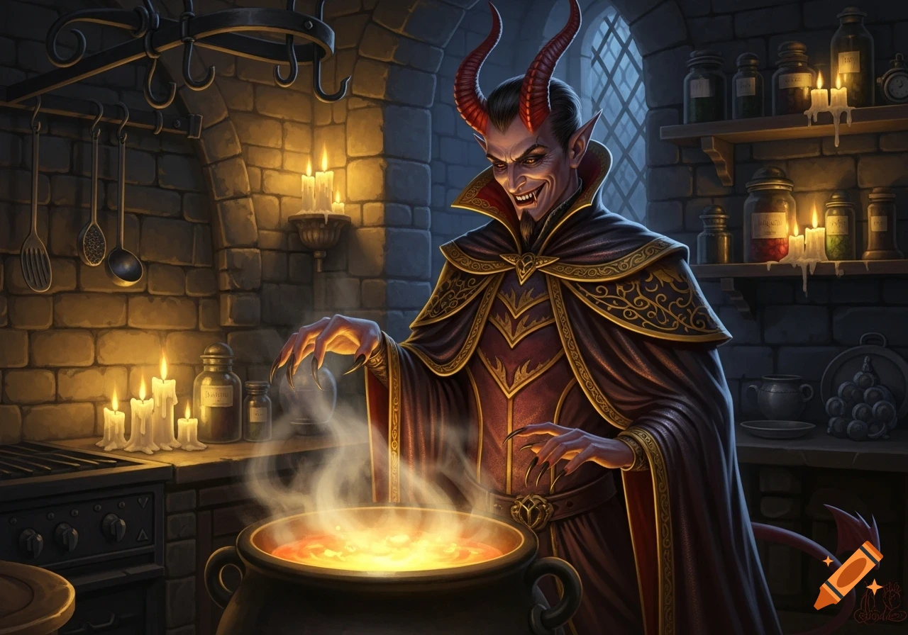 A grinning devil with red horns and long claws stands over a bubbling cauldron in a dark, stone-walled kitchen lit by candles.