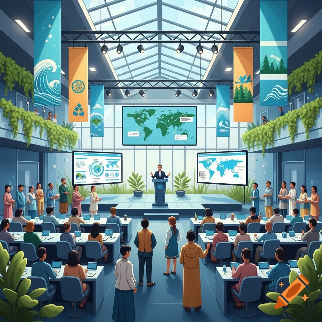 A man speaks at a podium to an audience in a large, modern hall with glass ceilings, showing world maps on large screens and environmental banners.