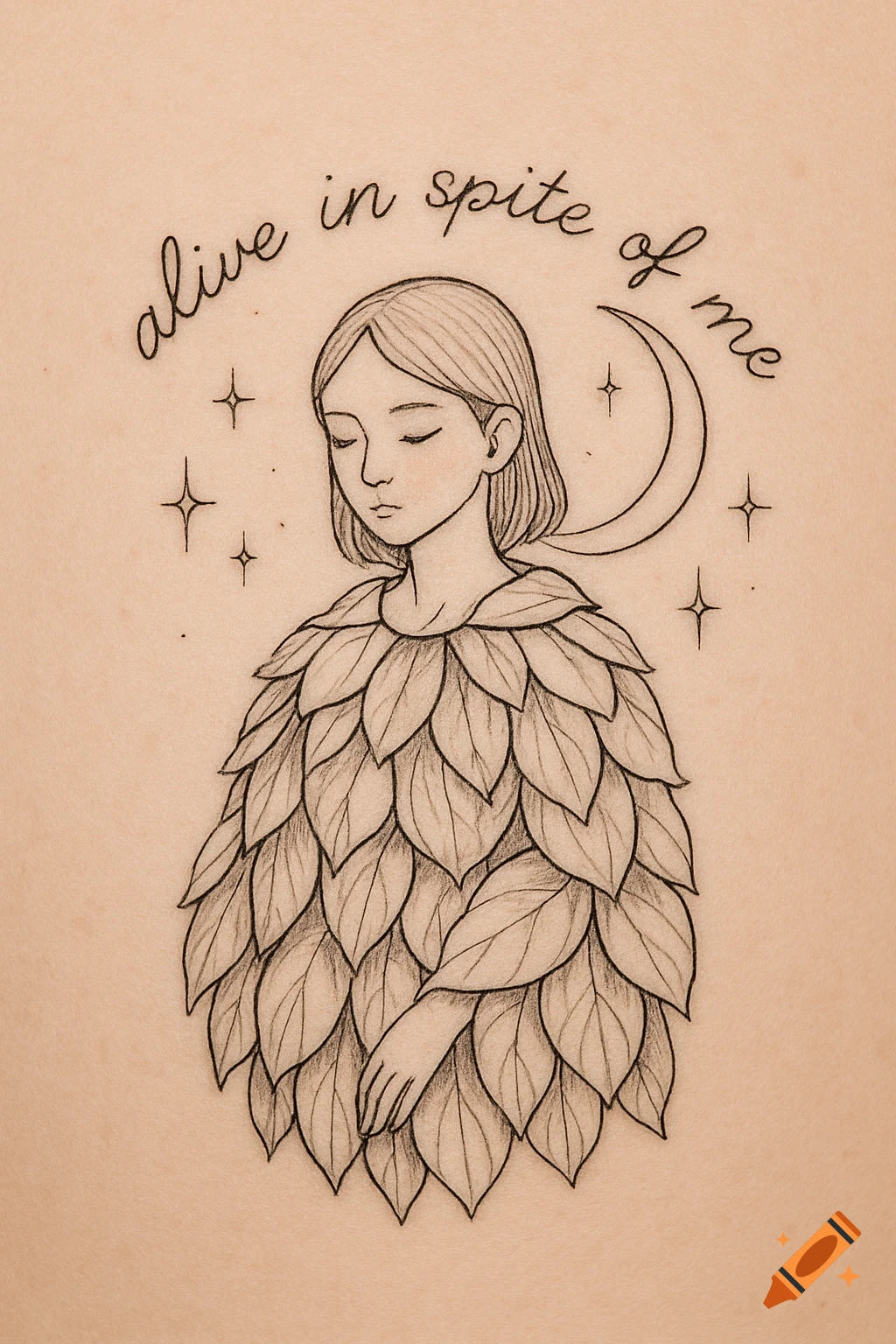 A fine line illustration of a girl with closed eyes wearing a leaf cloak, surrounded by stars and a crescent moon, with "alive in spite of me" text.