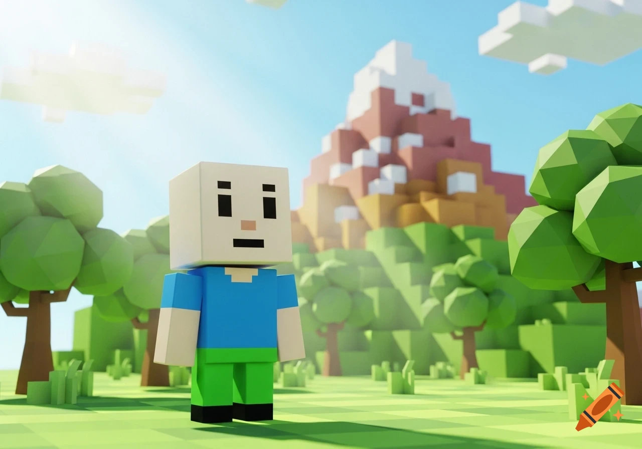A blocky character in a blue shirt and green pants stands in a voxel art landscape with trees, a mountain, and clouds.