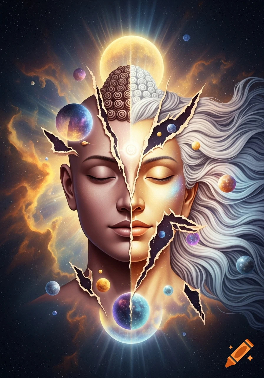 A stylized face is split down the center, one side dark-skinned and bald with a textured scalp, the other light-skinned with long white hair. The split reveals glowing cosmic energy and planets, set against a backdrop of stars and nebulae.