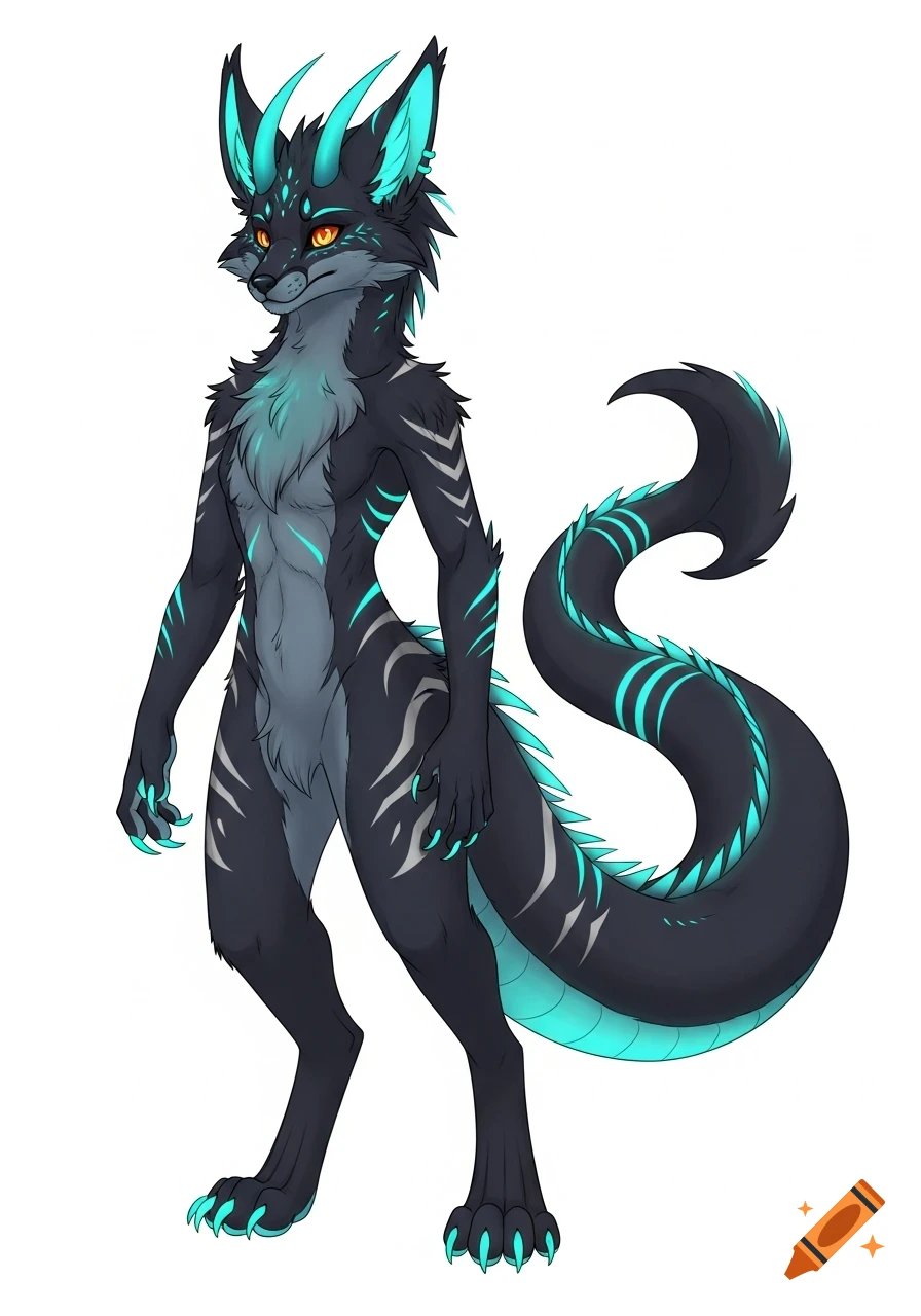 A slim, dark grey dragon-fox hybrid fursona named Oxrin, with teal glowing accents, ember eyes, short horns, and a long dragon tail, in a clean, full-body reference sheet style.