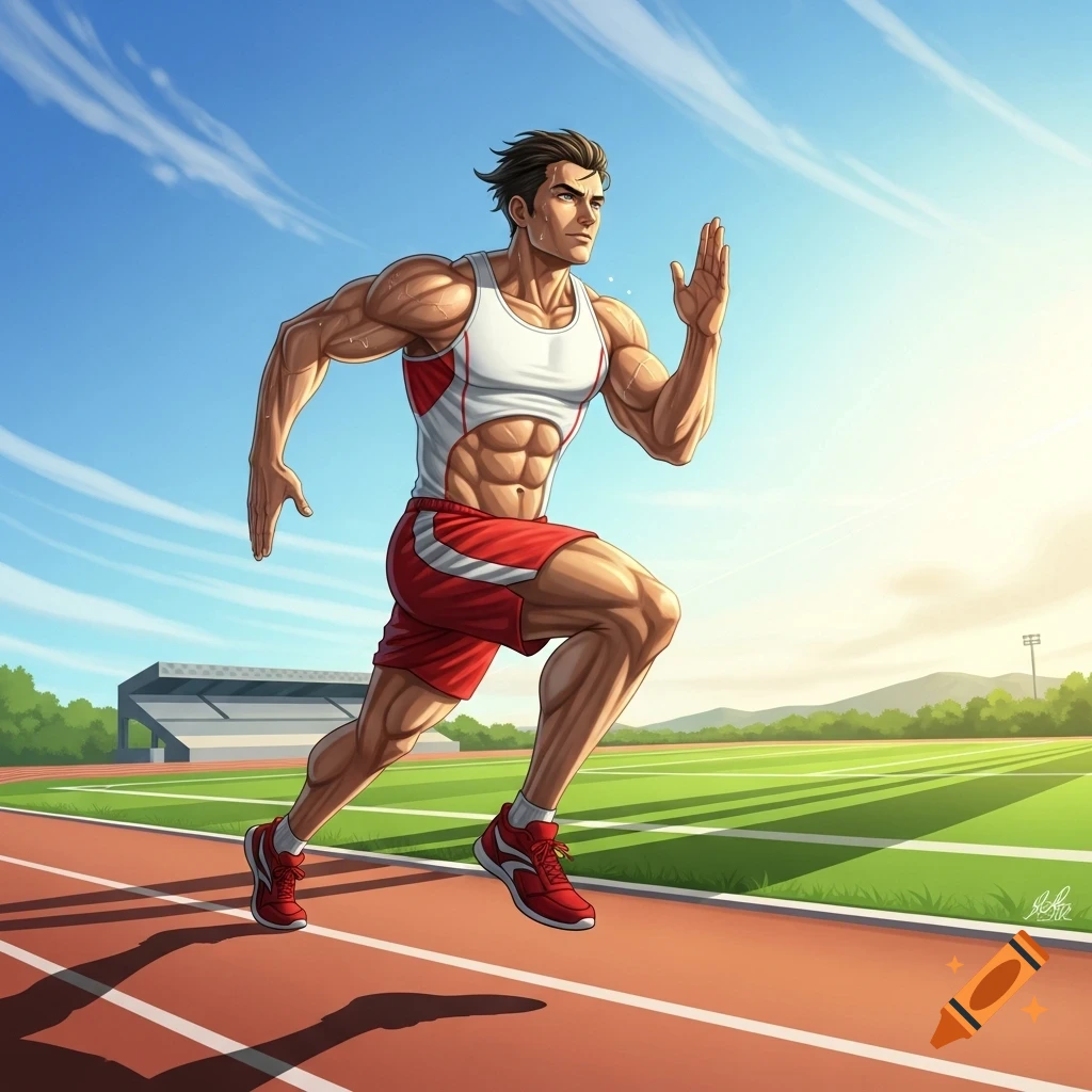 Muscular anime-style male runner in red and white athletic wear sprinting on a track in a sunny stadium.