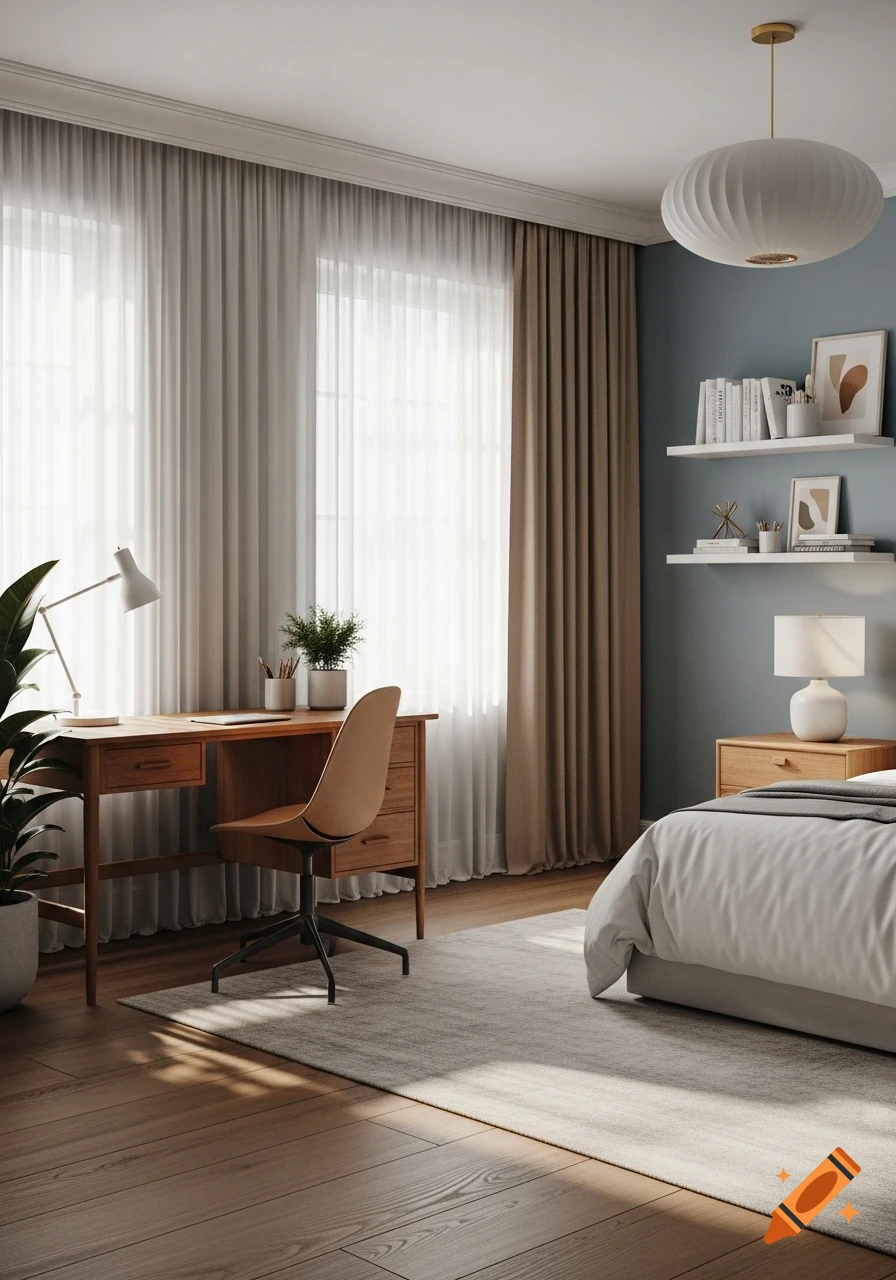 A modern bedroom with a wooden desk and chair by a sunlit window, a bed with white linen, and minimalist shelves on a blue wall.