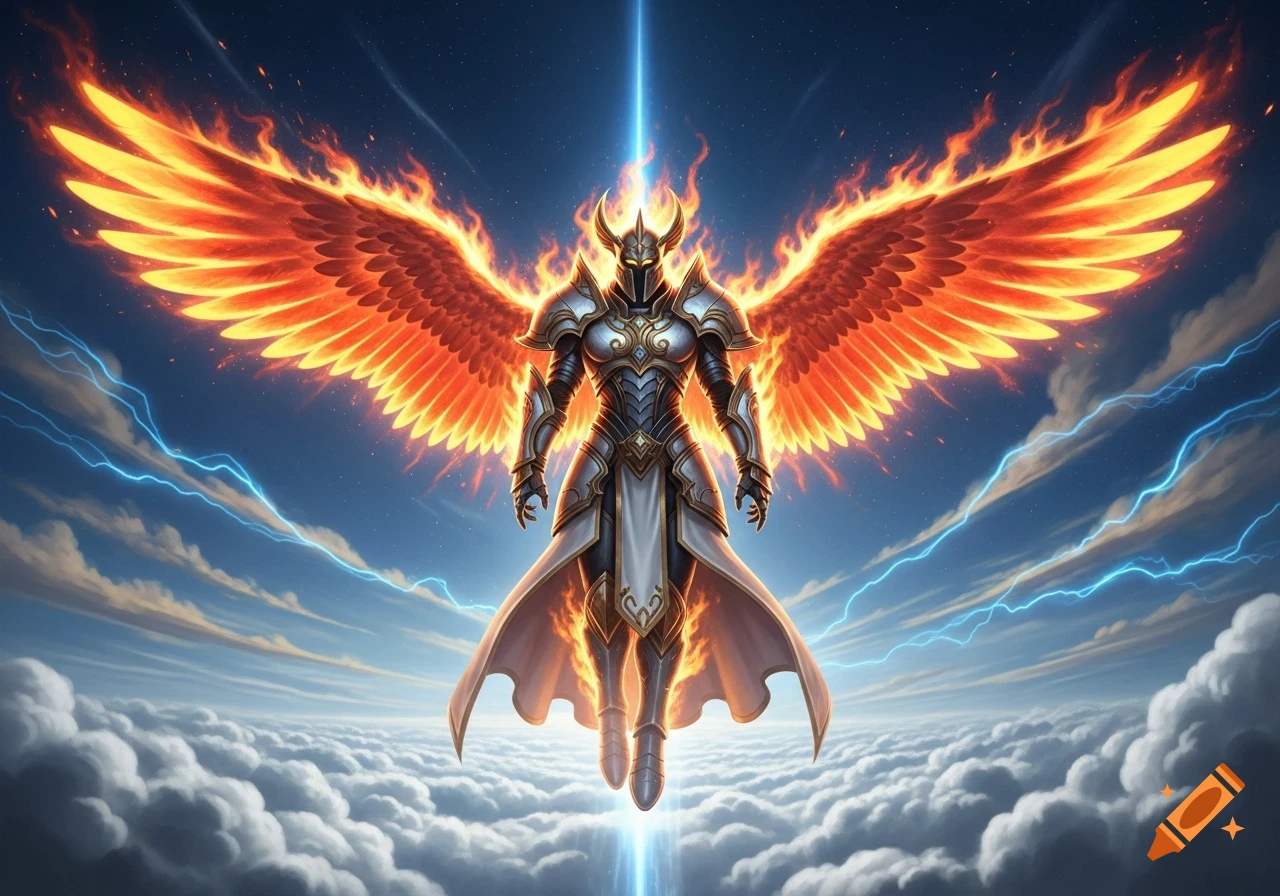A majestic futuristic angel warrior in silver and bronze armor with fiery wings hovers above clouds amidst blue lightning.