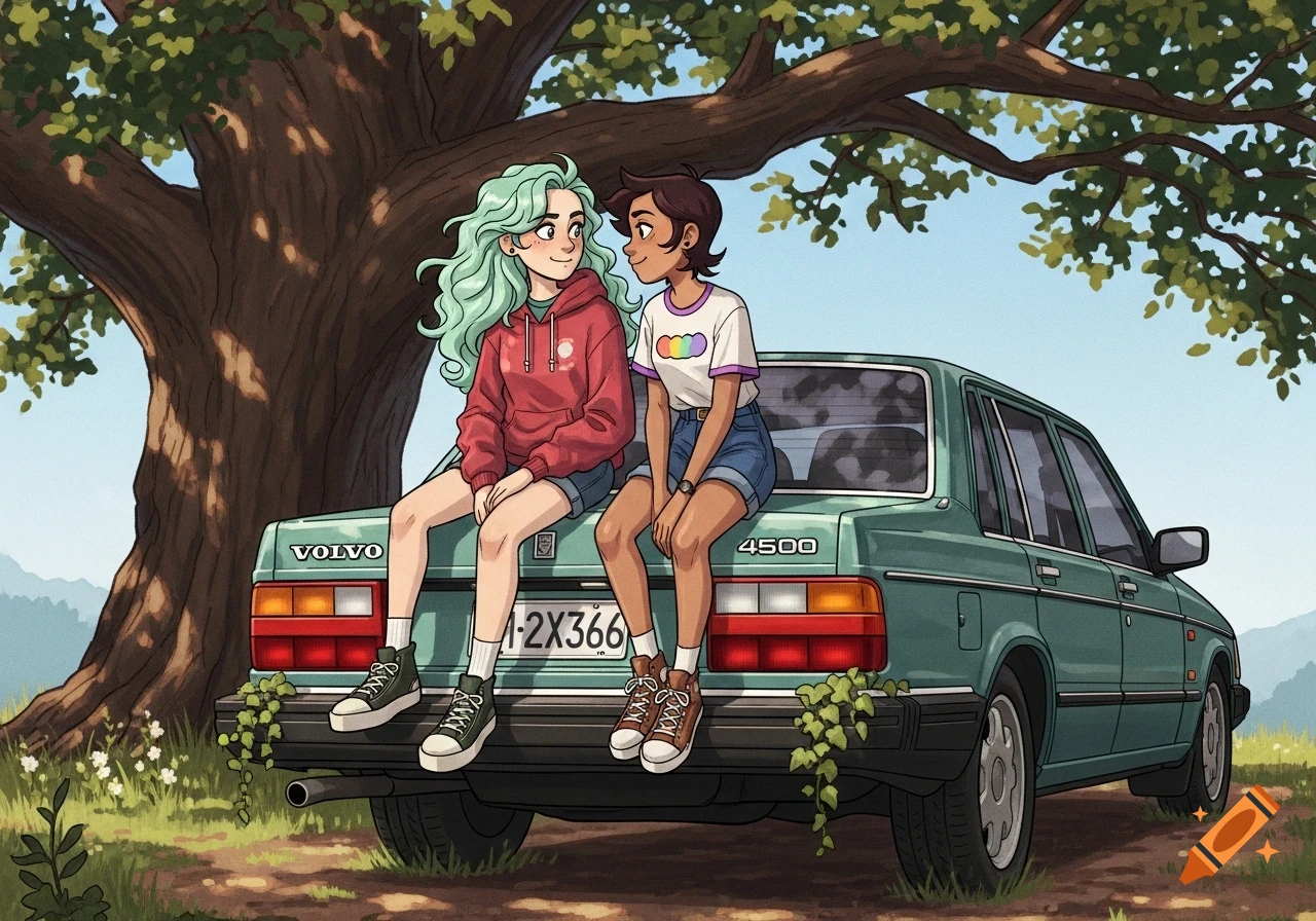 Two cartoon-style girls with colorful hair sit on the trunk of a green Volvo station wagon under a large tree.