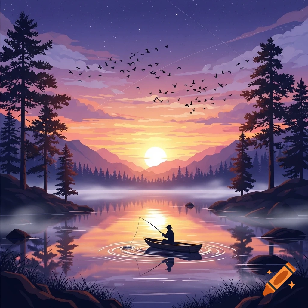 Stylized illustration of a person fishing from a boat on a lake at sunset, surrounded by mountains and pine trees.