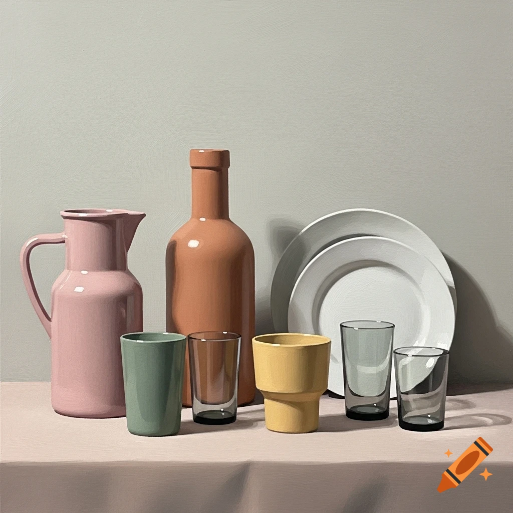 A still life painting of a pink jug, a terracotta bottle, green, yellow, and clear glasses, and white plates on a pink tablecloth.