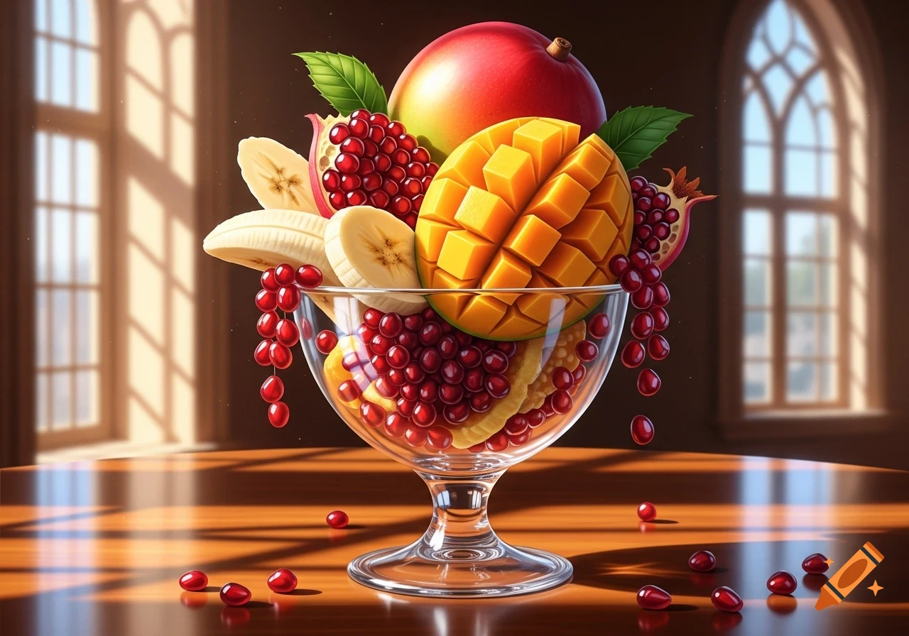 A vibrant close-up of a glass bowl overflowing with fresh mangoes, banana slices, and pomegranate seeds on a shiny wooden table with sunlit windows.