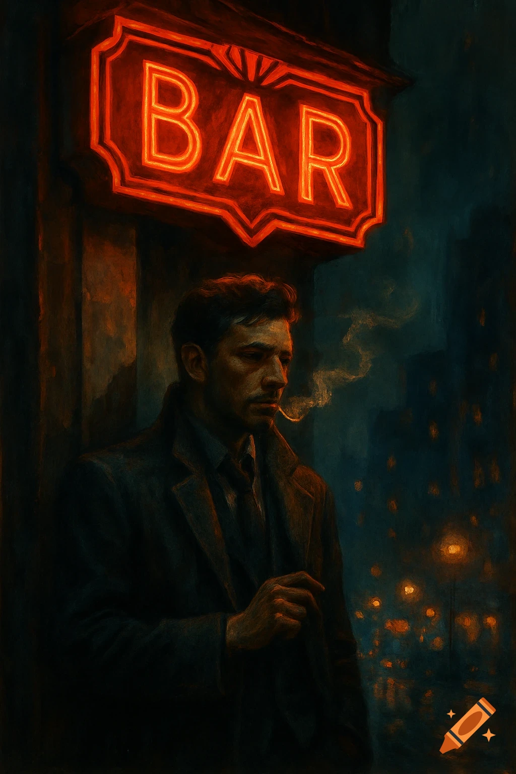 A man in a coat smokes a cigarette under a glowing red 'BAR' neon sign in a dark, painterly cityscape.