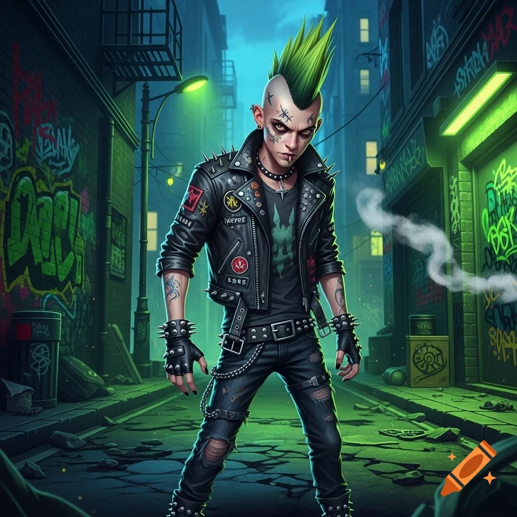 A stylized digital art portrait of a scrawny punk rock boy with a bright green mohawk, piercings, and tattoos, wearing a studded leather jacket and ripped jeans, standing in a graffiti-covered alley at night under a green glow.
