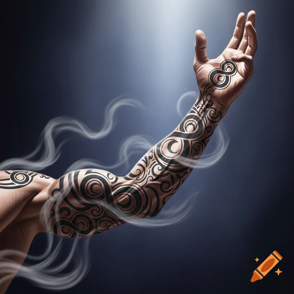 A muscular arm with intricate tribal tattoos and an '8' symbol on the palm, surrounded by wisps of smoke.