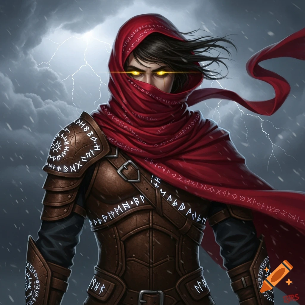 A fantasy character with glowing yellow eyes, a red scarf, and runic brown armor stands in a stormy lightning-filled setting.