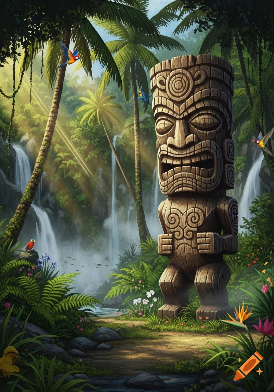 A towering wooden tiki statue stands in a vibrant jungle with multiple waterfalls cascading into a stream and colorful birds flying.