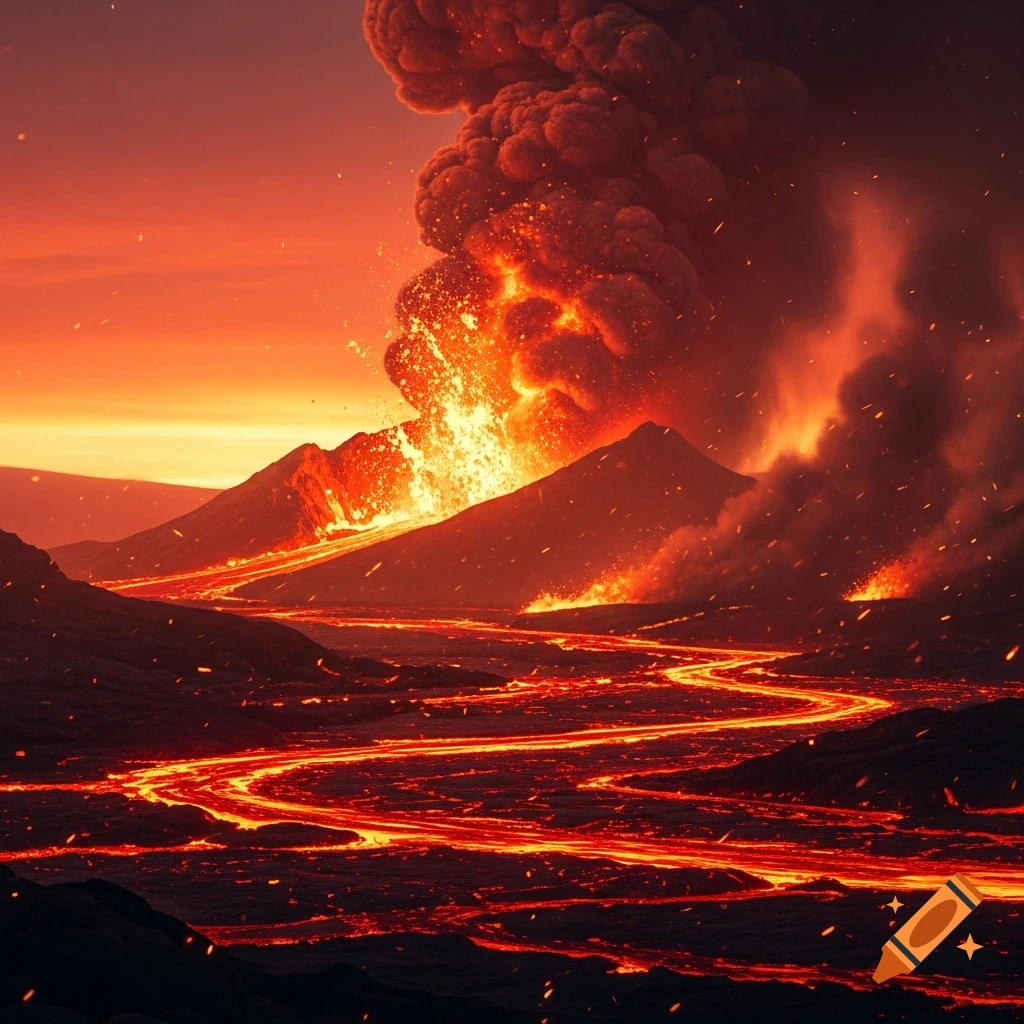 A dramatic volcanic eruption under an orange-red sky, with molten lava flowing through a dark, rocky landscape and fiery ash plumes rising.