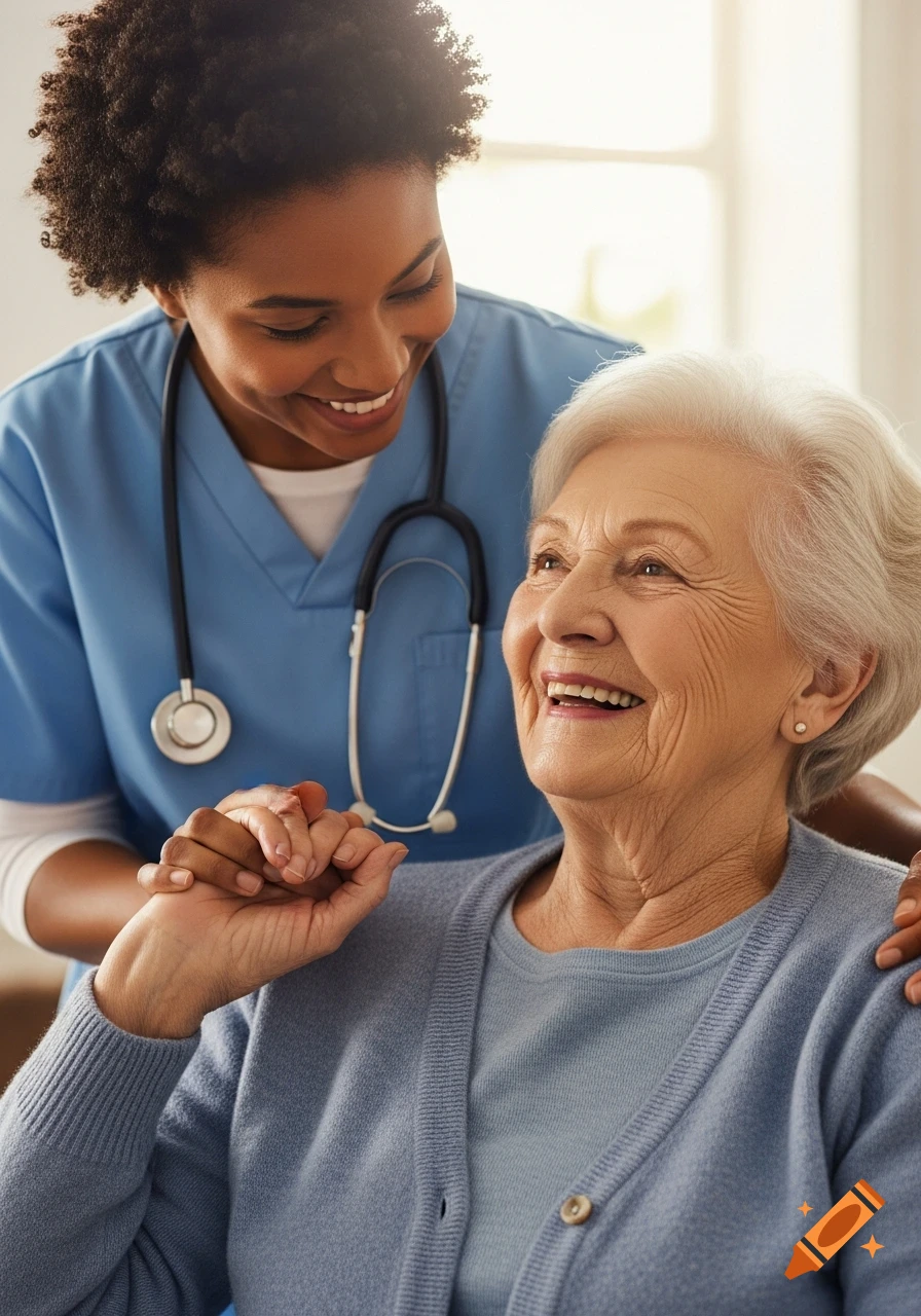 A smiling Black caregiver in scrubs with a stethoscope gently holds the hand of a happy, elderly white woman in a soft blue cardigan.