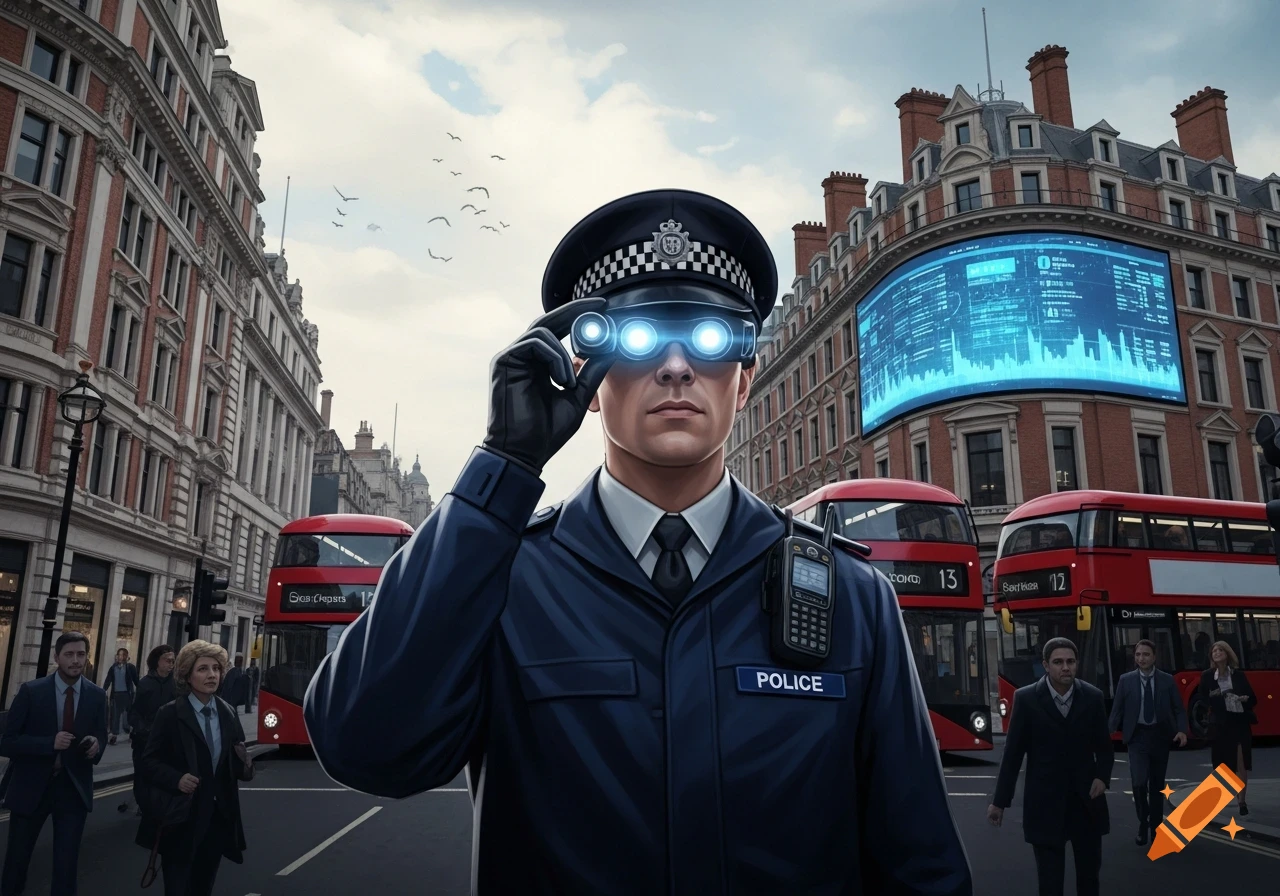 A futuristic police officer in a uniform adjusts glowing glasses on a busy London street with double-decker buses and a digital billboard.
