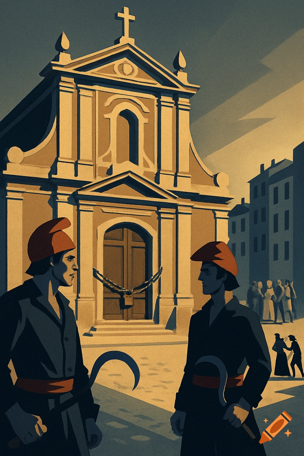 Art Deco illustration of revolutionary soldiers guarding a chained church door, with a priest arrested in the background during the French Revolution.