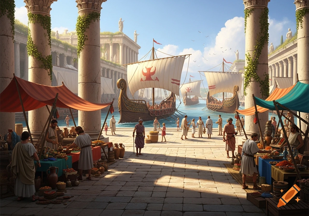 A bustling ancient Roman harbor with large ships, people on the docks, and market stalls under awnings.