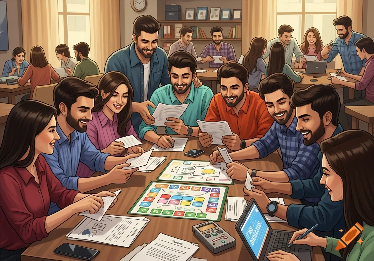 A diverse group of men and women, smiling and engaged, collaborating around tables with papers, a board game, and laptops in a busy office or college IT hub setting, in a clean, illustrative style.