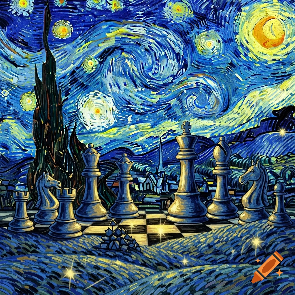 A chess board with pieces depicted in the vibrant, swirling style of Van Gogh's The Starry Night, with a cypress tree and village in the background.