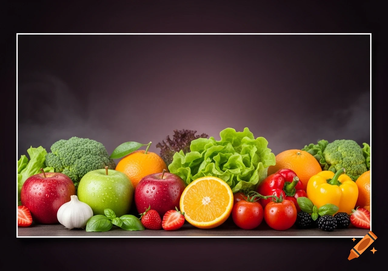 Vibrant arrangement of fresh fruits and vegetables including apples, oranges, broccoli, lettuce, peppers, tomatoes, garlic, and berries on a dark background.