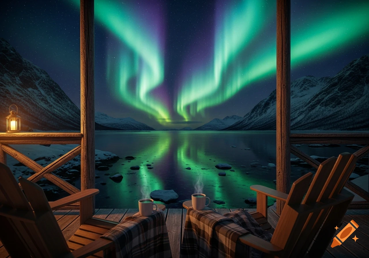 Vibrant green and purple Northern Lights reflect on a lake, viewed from a wooden porch with two chairs, blankets, and steaming mugs.