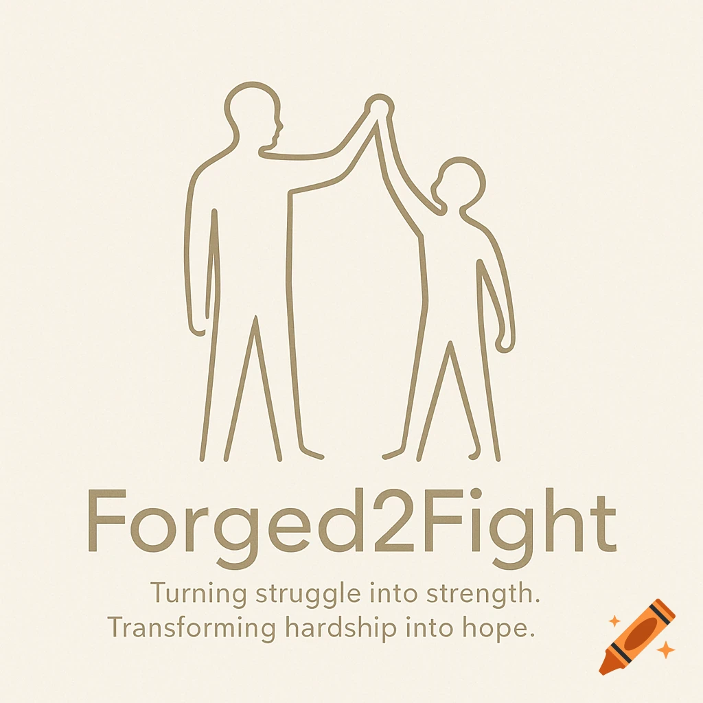 A minimalist logo features two outline figures, an adult and a smaller person, high-fiving, with the text "Forged2Fight" and a tagline.