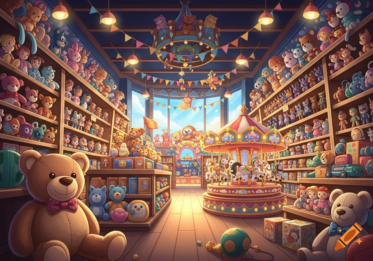 Vibrant illustration of a bustling toy store with shelves of stuffed animals, a colorful carousel, and a large teddy bear.