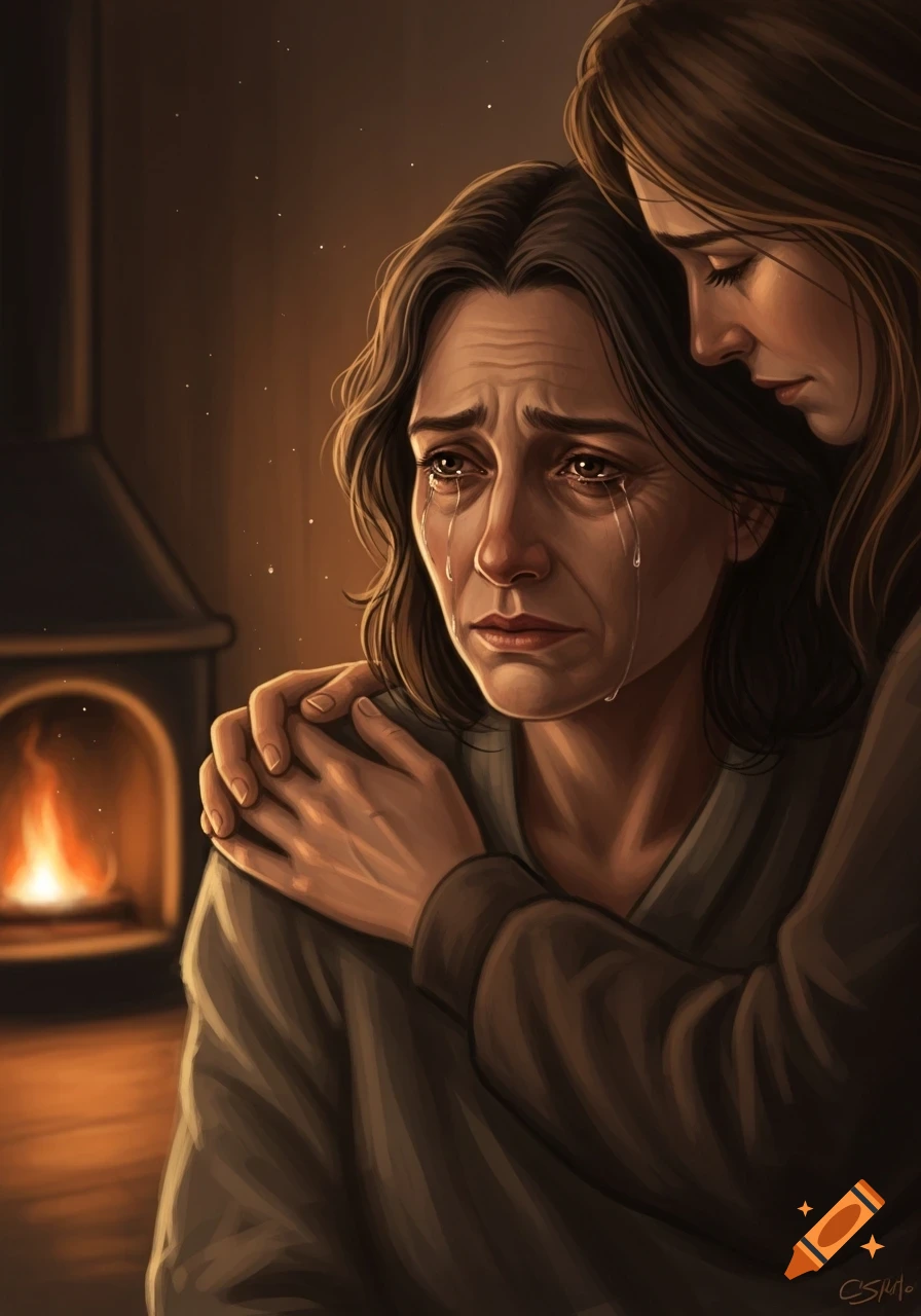 Illustration of one woman comforting another who is crying, by a warm fireplace, conveying deep emotion.