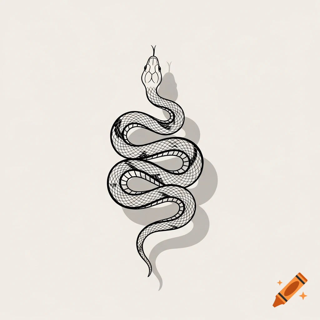 A simple black and white illustration of a coiled snake with its tongue out, in a tattoo art style.