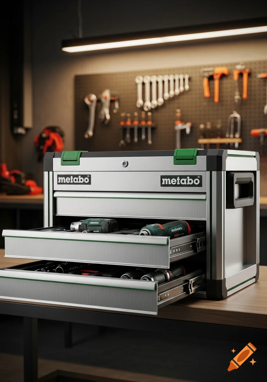 Photorealistic image of a silver Metabo toolbox with green accents and two open drawers on a workbench in a workshop.