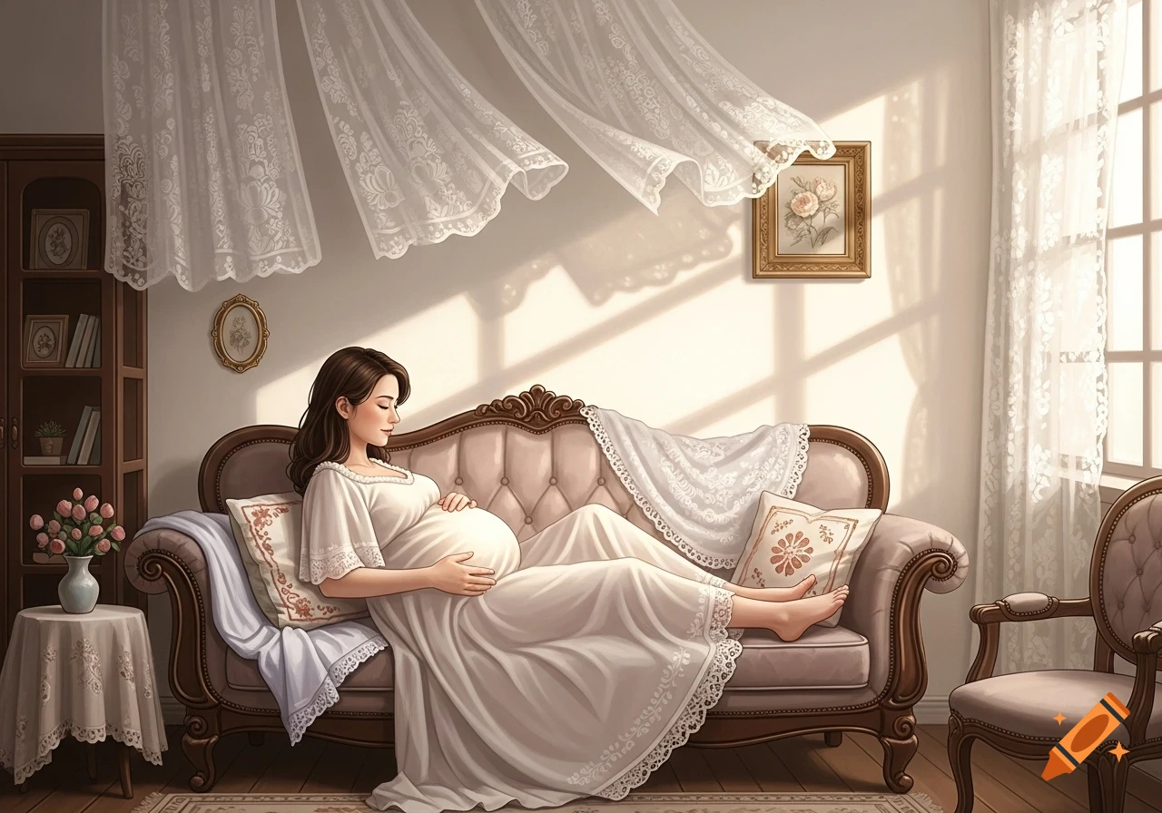 An illustration of a pregnant woman in a white dress gently holding her belly while relaxing on a sofa in a sunlit room.