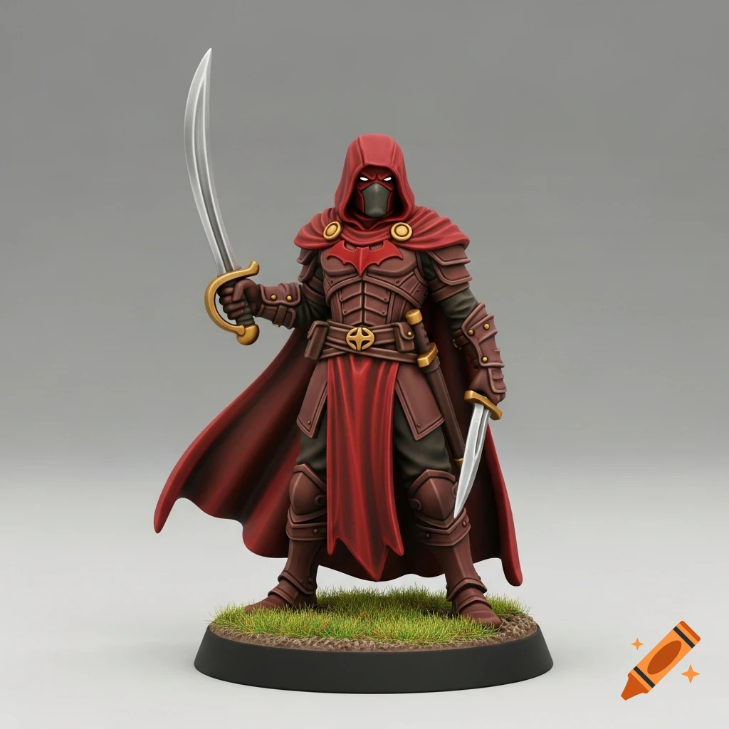A 3D D&D style miniature of Red Hood in red and brown armor with a bat symbol, holding a scimitar and a dagger on a grass base.